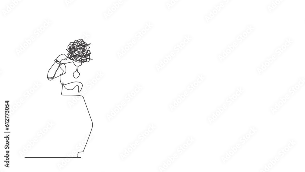 Poster animated self drawing of continuous line draw robot with round scribbles instead of head. angry anno