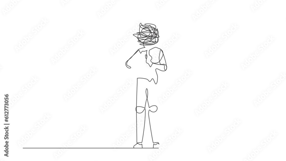 Poster self drawing animation of single line draw robot with round scribbles instead of head, standing with
