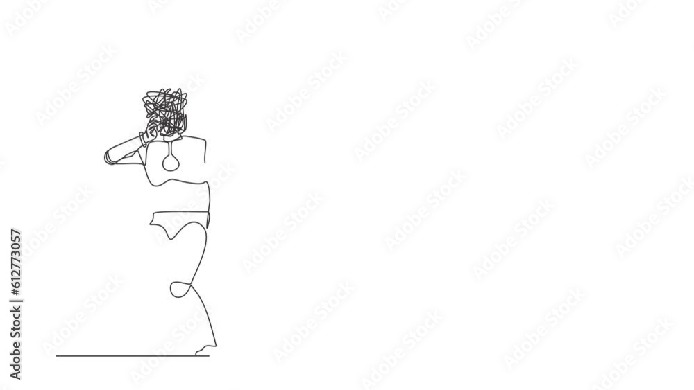 Poster animated self drawing of continuous one line draw robot with round scribbles instead of head. stop g