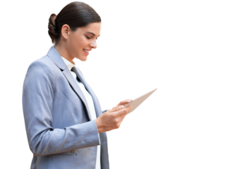 Business woman at work with tablet on a transparent background.