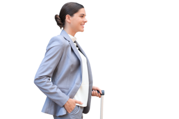 Elegant business woman with luggage in airport. Businesswoman with suitcase going to business trip on a transparent background.
