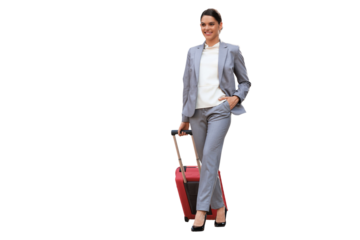 Portrait of successful business woman traveling with case at airport on a transparent background. Beautiful stylish female travel with luggage.