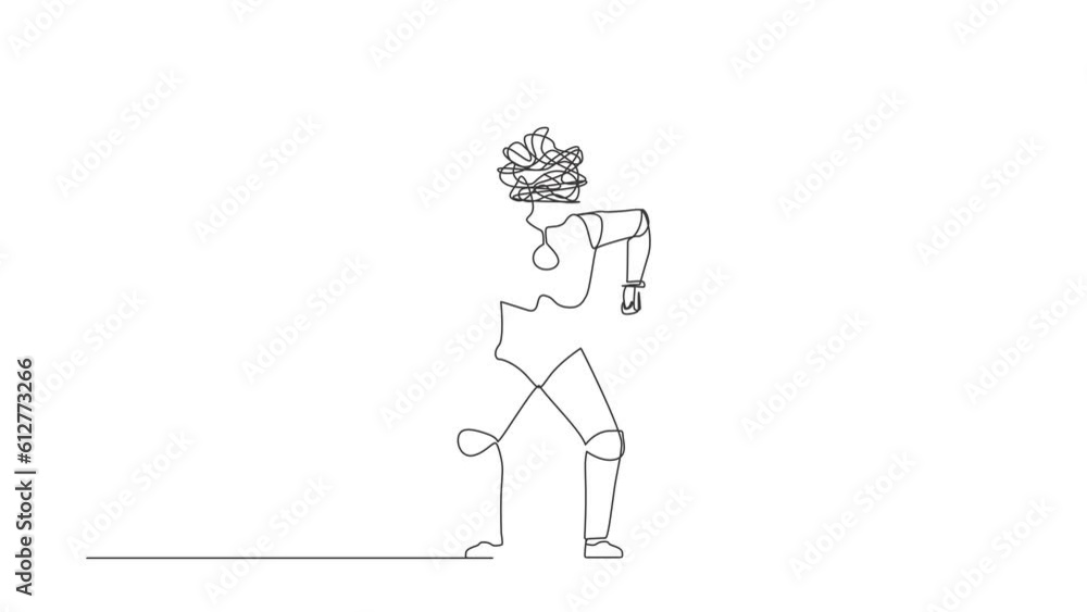 Poster animated self drawing of continuous line draw robot with round scribbles instead of head. emotional 