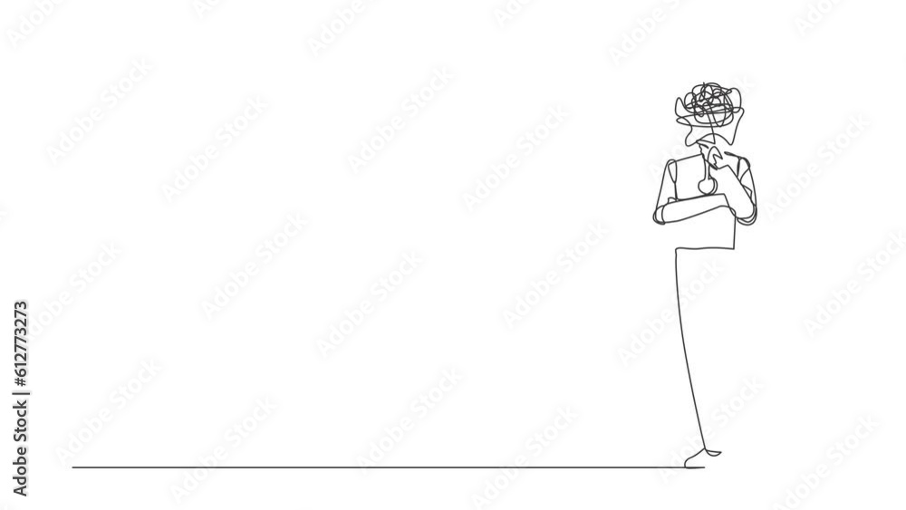 Poster self drawing animation of single line draw robot with round scribbles instead of head, standing hold