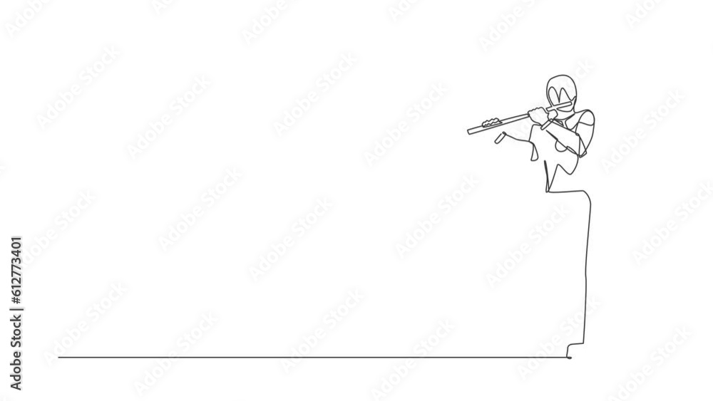 Poster animated self drawing of single continuous line draw robot flutist performing classical music on win