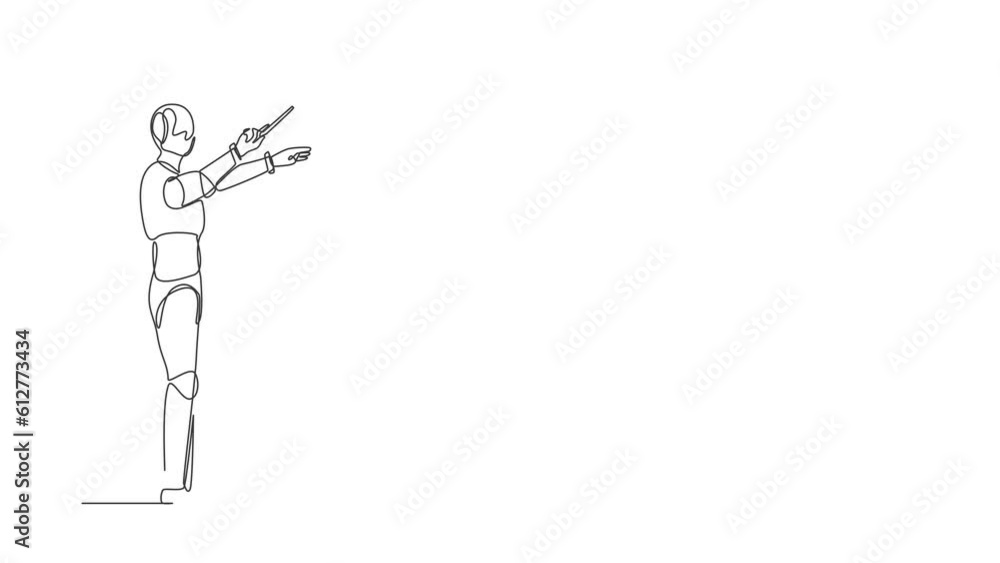 Poster self drawing animation of single line draw robot music conductor directing symphony orchestra. futur