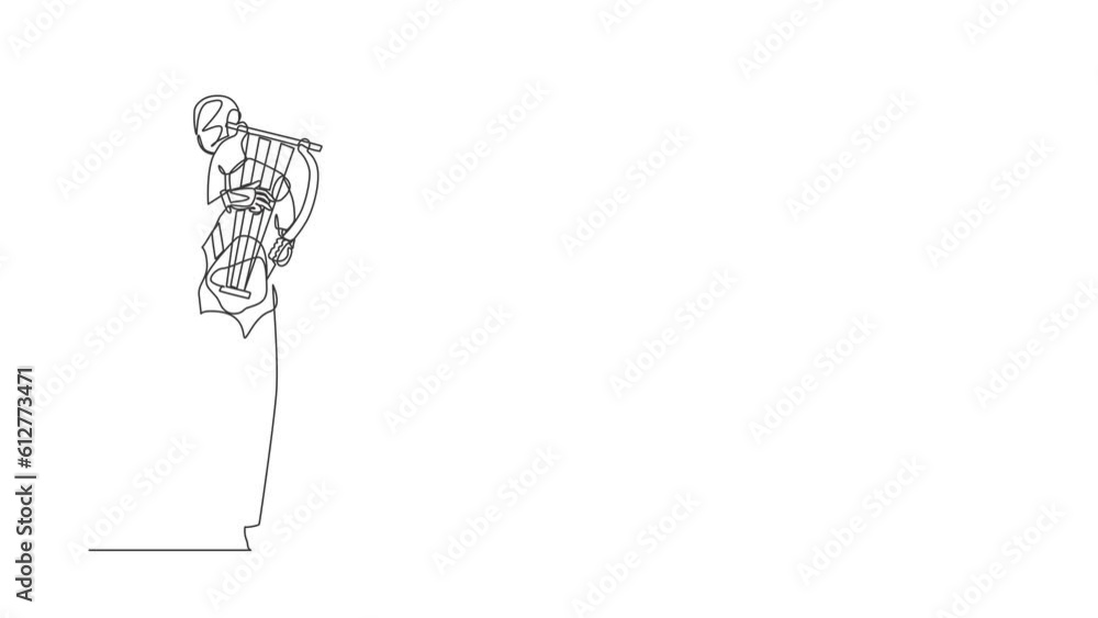 Poster animated self drawing of continuous line draw robot musician playing musical lyre on stage. classica