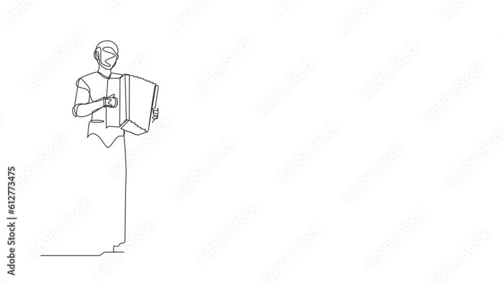 Poster self drawing animation of single line draw robot musician playing accordion. accordionist perform on