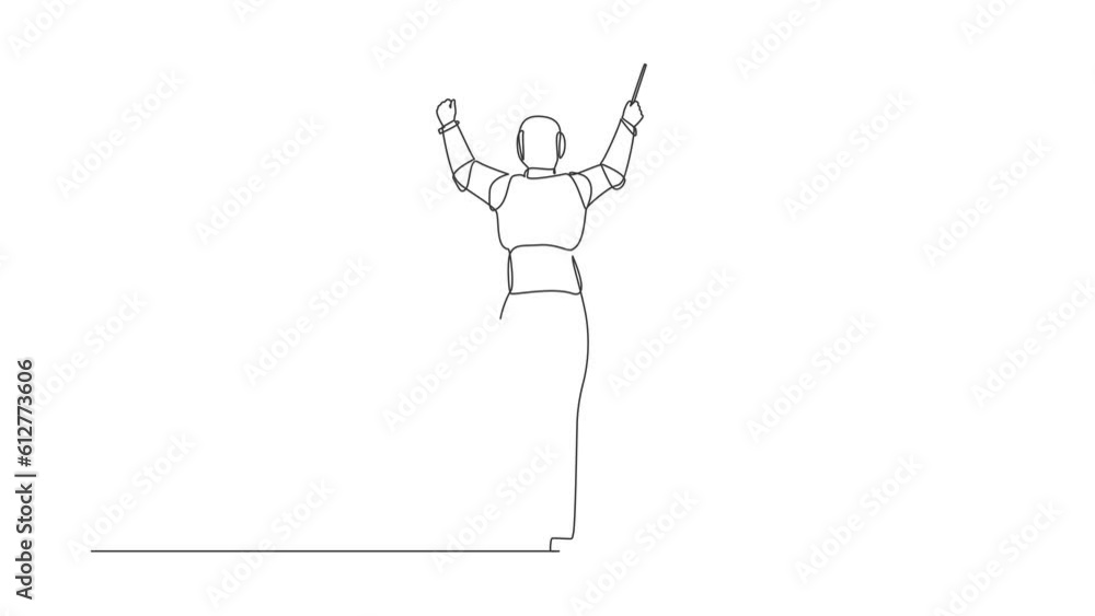 Poster animated self drawing of continuous one line draw back view of robot conductor performing on stage, 
