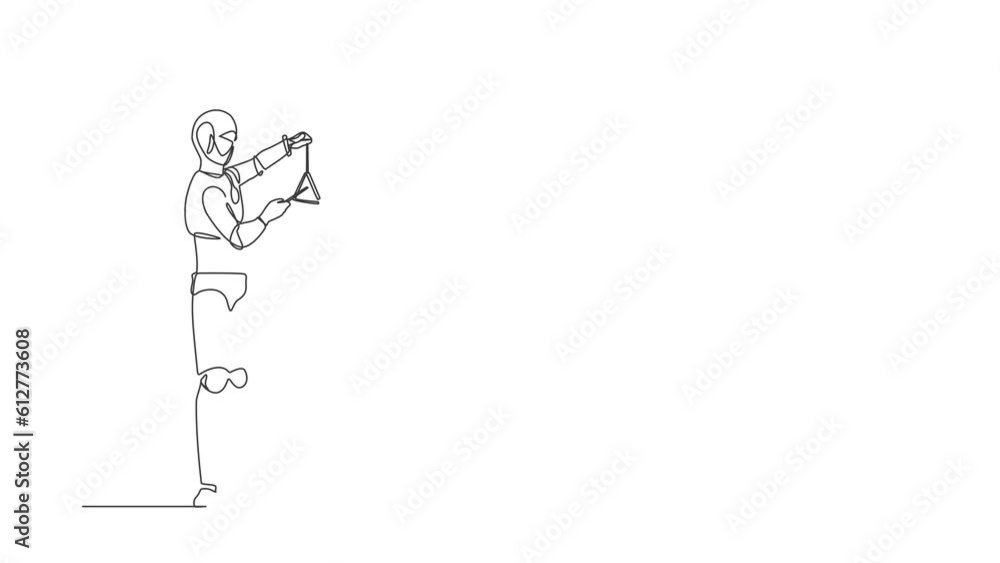 Poster animated self drawing of continuous one line draw robot musician playing triangle on stage. classica