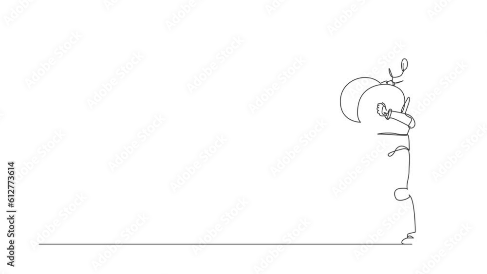 Poster self drawing animation of single one line draw robot musician playing percussion musical instrument.