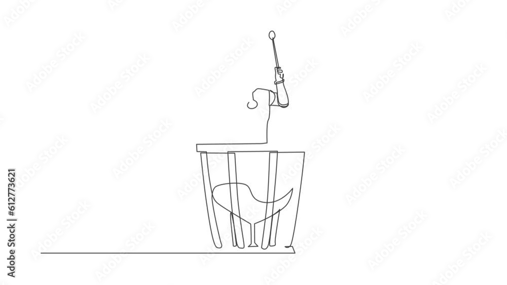 Poster animated self drawing of continuous line draw robot percussion player holding stick and play timpani