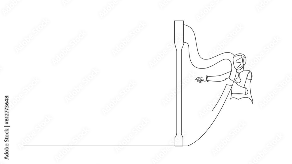 Poster self drawing animation of single line draw robot sitting playing harp at music festival. future tech