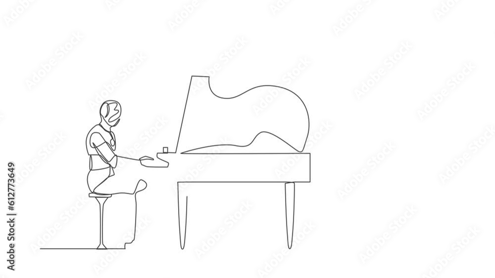 Poster animated self drawing of continuous line draw robot sitting and playing grand piano on stage. modern