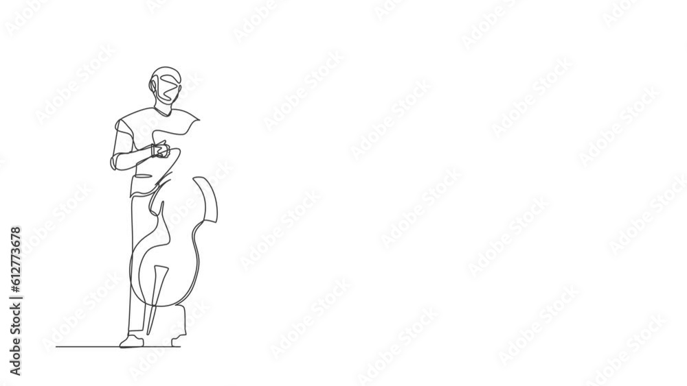 Poster animated self drawing of continuous line draw robot musician playing double bass or contrabassist wi