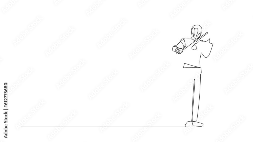 Poster animated self drawing of continuous one line draw robot musician playing violin musical instrument. 