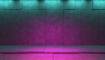 Stage with neon glowing lights on concrete plate background with rough floor