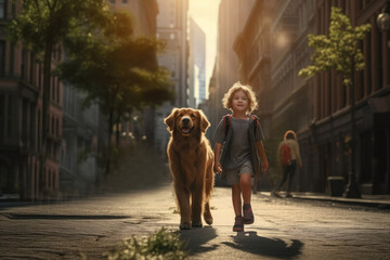 little curly girl walking a big brown dog