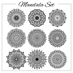 Geometric circular ornament set. Isolated vector mandalas for coloring book printing, design, logo, yoga, indian and arabic prints.