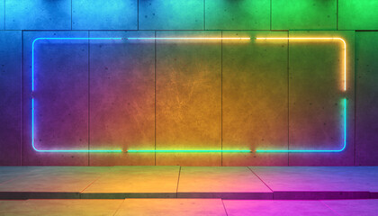 Abstract room with neon glowing rectangle on concrete plates background, 3d illustration