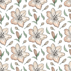 Hand drawn seamless pattern of blooming pink lilies. Colorful flowers and branches with leaves. Decorative floral vector illustration for greeting card, invitation, wallpaper, wrapping paper, fabric