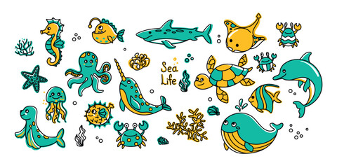 Sea animals, set of line illustration. Summer print. Vector.