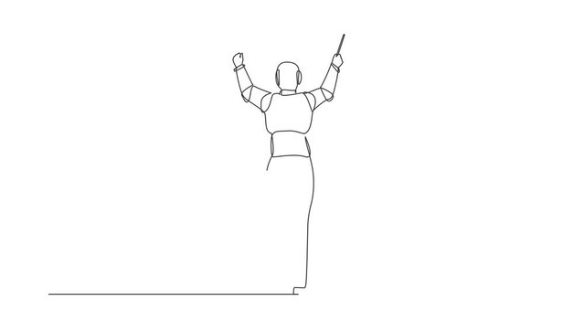 Animated self drawing of continuous one line draw back view of robot conductor performing on stage, directing symphony orchestra. Humanoid robot cybernetic organism. Full length single line animation