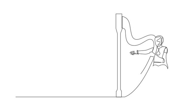 Self drawing animation of single line draw robot sitting playing harp at music festival. Future technology development. Artificial intelligence machine learning. Continuous line. Full length animated
