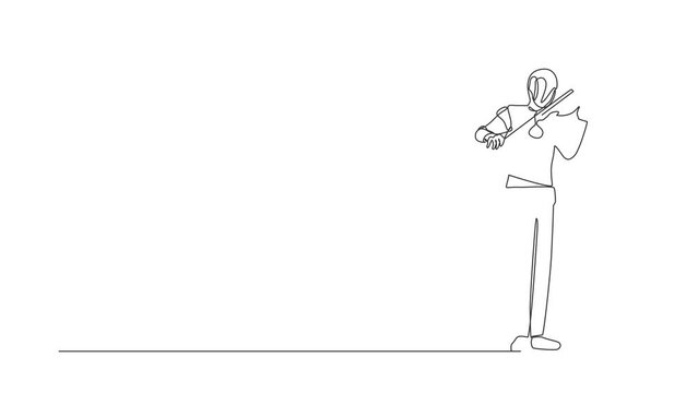 Animated self drawing of continuous one line draw robot musician playing violin musical instrument. Humanoid robot cybernetic organism. Future robotic development. Full length single line animation
