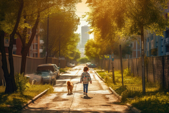 child walks a dog on the streets of a city
