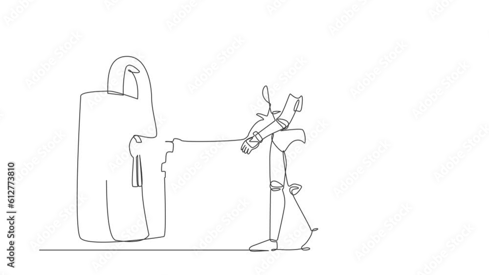 Poster animated self drawing of continuous line draw robot putting big key into padlock. business security,