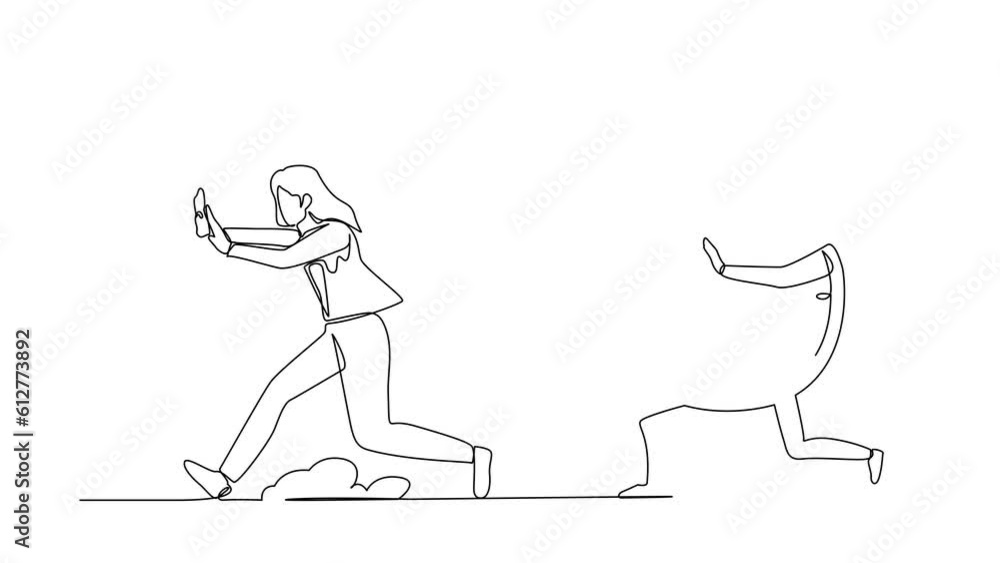 Poster self drawing animation of single line draw businesswoman being chased by alarm clock. worker running