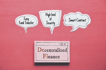 Hand drawn web browser with the text Decentralized Finance (DeFi) and it's key advantages in speech...