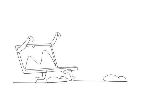 Animated self drawing of continuous line draw stressed robot being chased by laptop. Robot in deadline of technology industry. Modern robotic artificial intelligence. Full length one line animation