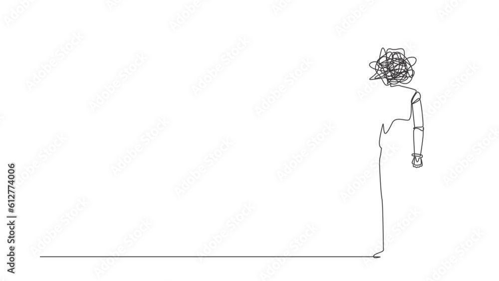 Poster animated self drawing of continuous line draw robot with round scribbles instead of head, standing w
