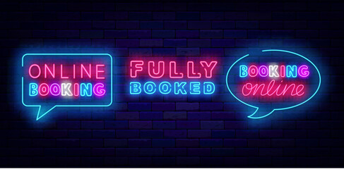 Obraz premium Book online now neon emblems collection. Speech bubbles frames. Vector stock illustration