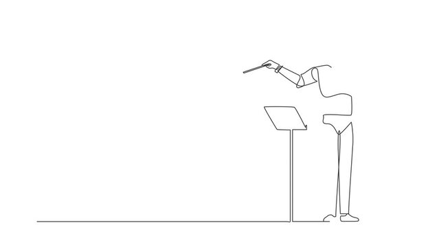 Animated self drawing of continuous line draw expressive robot conductor directs music orchestra. Modern robotic artificial intelligence. Electronic technology industry. Full length one line animation