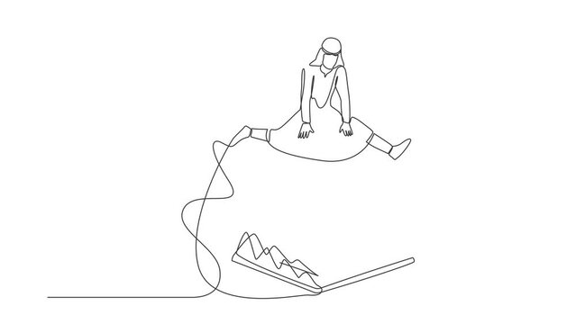 Animated self drawing of continuous line draw Arab businessman jumping over pitfall with money dollar sign bait. Financial investment. Trap of getting rich for a moment. Full length one line animation