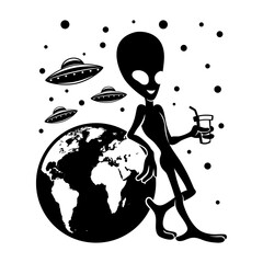 Extraterrestrial alien and planet Earth on white background. - 612774278