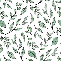 Hand drawn seamless pattern of different branches with green leaves. Botanical leaf of tree and plant. Decorative vector illustration for greeting card, invitation, wallpaper, wrapping paper, fabric
