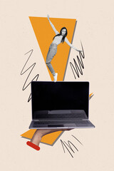 Vertical collage picture of amazed mini black white colors girl stand balancing big netbook arm...