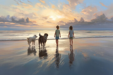 Two children on the sea coast walking with dogs