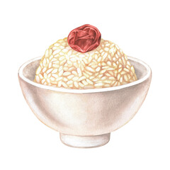 A pile of cooked rice with umeboshi. Watercolor illustration. The dish of Japanese cuisine. Carbohydrate food with pickled sour plum. Clip art isolated on a white background. To menu designs, recipes