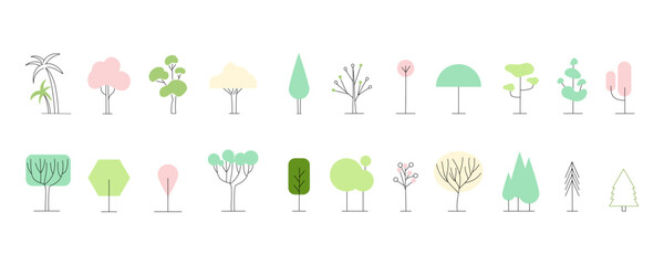 Simple trees. Minimal nature forest or park. Minimalism style line plants. Abstract logo design. Eco bio symbols, colorful outline botanical elements. Spruce pine and oak. Vector isolated set