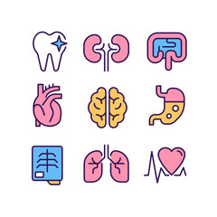 Organs regular checkup pixel perfect RGB color icons set. Medical service. Disease treatment. Isolated vector illustrations. Simple filled line drawings collection. Editable stroke