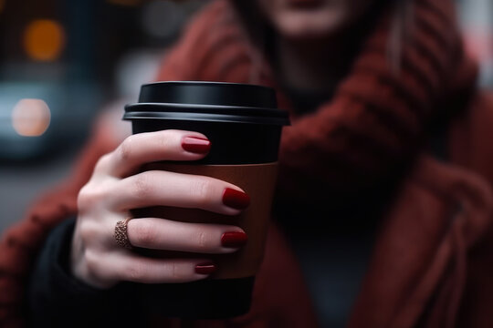 girl hand holding morning coffee on street generative ai