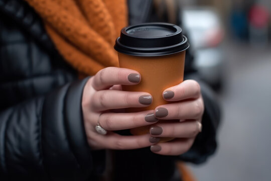 girl hand holding morning coffee on street generative ai