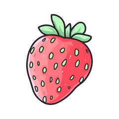 Hand drawn kawaii strawberry pastel pink strawberries and green leaves sticker isolated on white