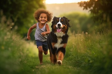 a small dark-skinned child runs for a walk next to a dog in a summer park with green grass, ai generated