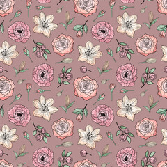 Hand drawn seamless pattern of blooming peony, rose, lily. Colorful flowers and branches with leaves. Decorative floral vector illustration for greeting card, wallpaper, wrapping paper, fabric